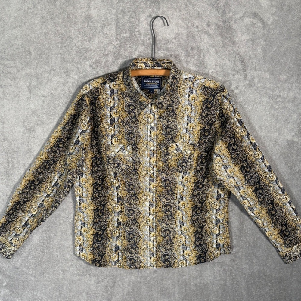 Rough Stock Panhandle Slim Mens XL Western‎ Pearl Snap Shirt Paisley Gold Bling